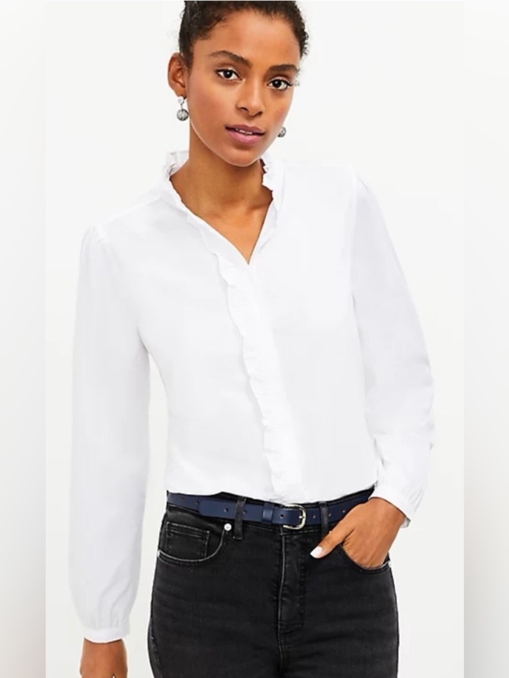 LOFT White Ruffle button-up top